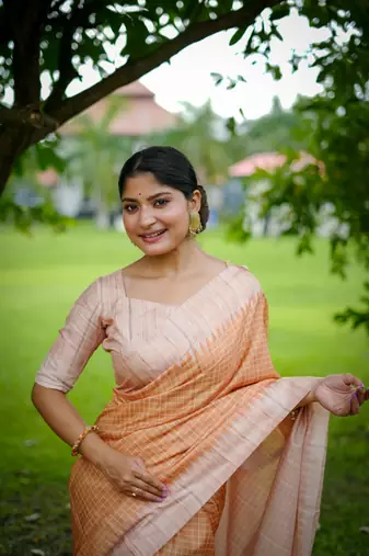 Orange Arita checks threads weaving tussar silk border & pallu saree with Blouse
