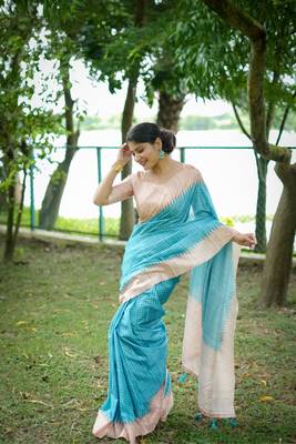 Sky Blue Arita checks threads weaving tussar silk border & pallu saree with Blouse 1