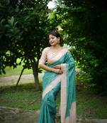 Teal Arita checks threads weaving tussar silk border & pallu saree with Blouse