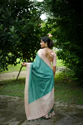 Teal Arita checks threads weaving tussar silk border & pallu saree with Blouse