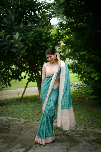 Teal Arita checks threads weaving tussar silk border & pallu saree with Blouse