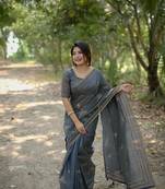 Grey Tissue Treditionl stylish Border butti tussle saree with Blouse 