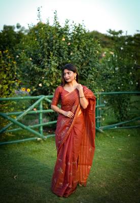 Red Khadi Tussar Silk Saree With Thread Work And Multicolour Kantha Stitch Border With Blouse 3