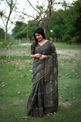 Black Khadi Tussar Silk Saree With Thread Work And Multicolour Kantha Stitch Border With Blouse 1