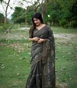 Black Khadi Tussar Silk Saree With Thread Work And Multicolour Kantha Stitch Border With Blouse