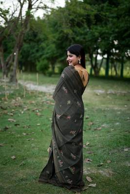 Black Khadi Tussar Silk Saree With Thread Work And Multicolour Kantha Stitch Border With Blouse 2