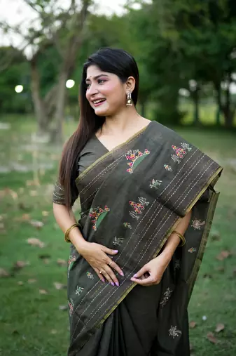 Black Khadi Tussar Silk Saree With Thread Work And Multicolour Kantha Stitch Border With Blouse