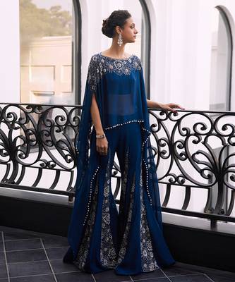 Blue Embroidered Tafeta three Piece Co Ord Set 1