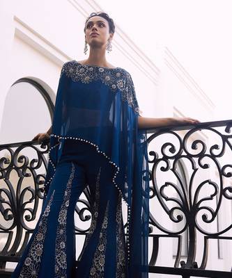 Blue Embroidered Tafeta three Piece Co Ord Set 2
