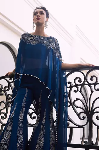 Blue Embroidered Tafeta three Piece Co Ord Set