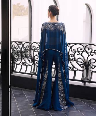 Blue Embroidered Tafeta three Piece Co Ord Set 3
