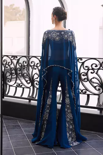 Blue Embroidered Tafeta three Piece Co Ord Set