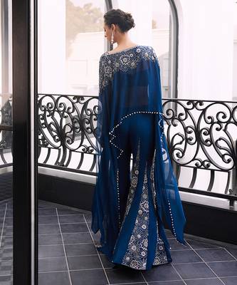 Blue Embroidered Tafeta three Piece Co Ord Set 4