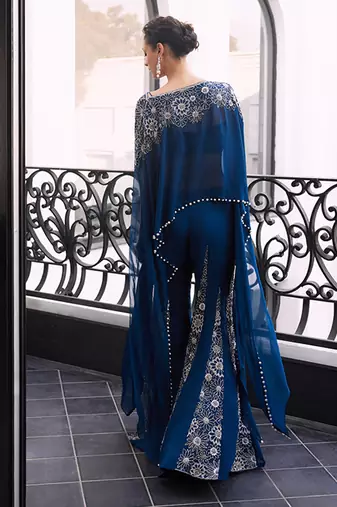 Blue Embroidered Tafeta three Piece Co Ord Set