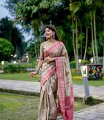 Pink Desi Tussar Silk Saree With Temple Woven Pattern With Exclusive Weaving Pallu With Blouse
