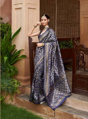 Jaal banarasi silk blend navy blue woven saree 1