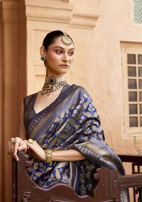 Jaal banarasi silk blend navy blue woven saree 2