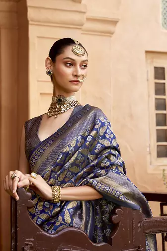 Jaal banarasi silk blend navy blue woven saree
