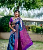 Teal Blue Banarasi style silk Blend contrust zari Border & Pallu Threads work Saree with Blouse