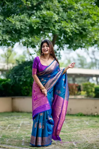 Teal Blue Banarasi style silk Blend contrust zari Border & Pallu Threads work Saree with Blouse