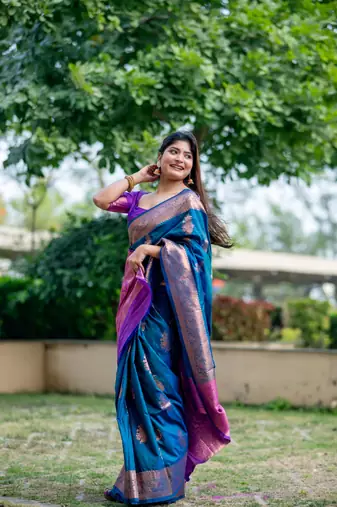 Teal Blue Banarasi style silk Blend contrust zari Border & Pallu Threads work Saree with Blouse