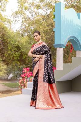 Black Benarasi Semi Satin Silk Saree,Blouse-not As Per Image  1