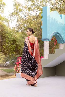 Black Benarasi Semi Satin Silk Saree,Blouse-not As Per Image  4