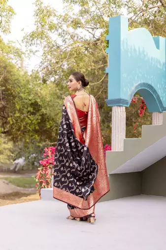 Black Benarasi Semi Satin Silk Saree,Blouse-not As Per Image 