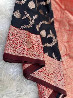Black Benarasi Semi Satin Silk Saree,Blouse-not As Per Image  5