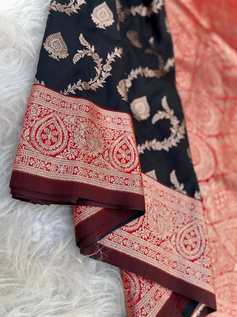 Black Benarasi Semi Satin Silk Saree,Blouse-not As Per Image 
