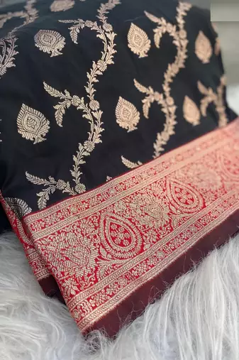Black Benarasi Semi Satin Silk Saree,Blouse-not As Per Image 