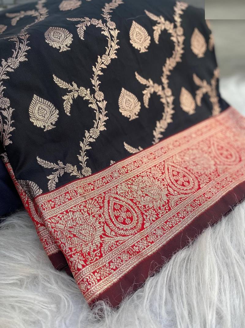 Black Benarasi Semi Satin Silk Saree,Blouse-not As Per Image 