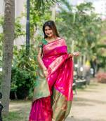 Pink Banarasi style silk Blend contrust zari Border & Pallu Threads work Saree with Blouse