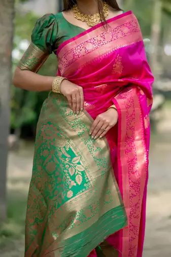 Pink Banarasi style silk Blend contrust zari Border & Pallu Threads work Saree with Blouse