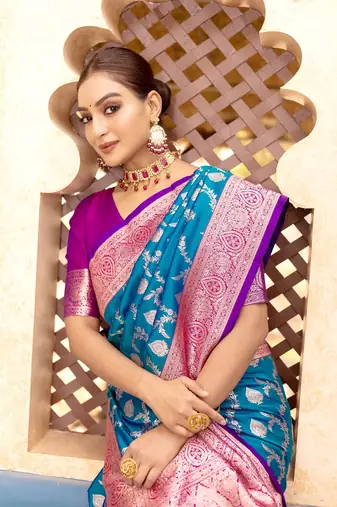 Turqoise Benarasi Semi Satin Silk Saree,Blouse-not As Per Image 