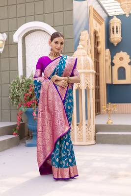 Turqoise Benarasi Semi Satin Silk Saree,Blouse-not As Per Image  1