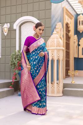 Turqoise Benarasi Semi Satin Silk Saree,Blouse-not As Per Image  3