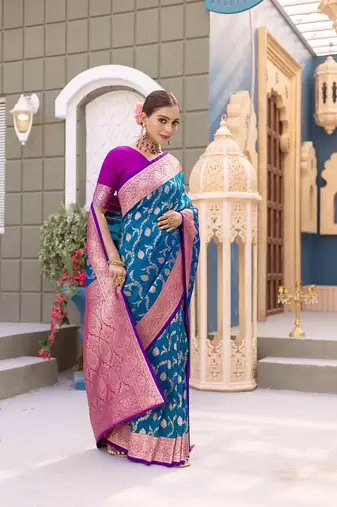 Turqoise Benarasi Semi Satin Silk Saree,Blouse-not As Per Image 