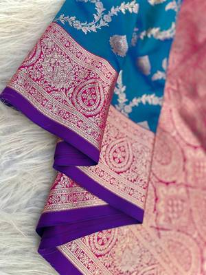 Turqoise Benarasi Semi Satin Silk Saree,Blouse-not As Per Image  4