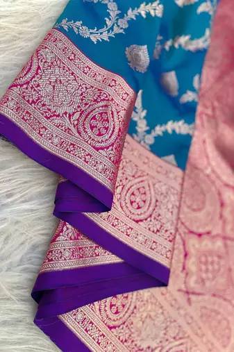 Turqoise Benarasi Semi Satin Silk Saree,Blouse-not As Per Image 