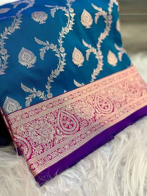 Turqoise Benarasi Semi Satin Silk Saree,Blouse-not As Per Image  5