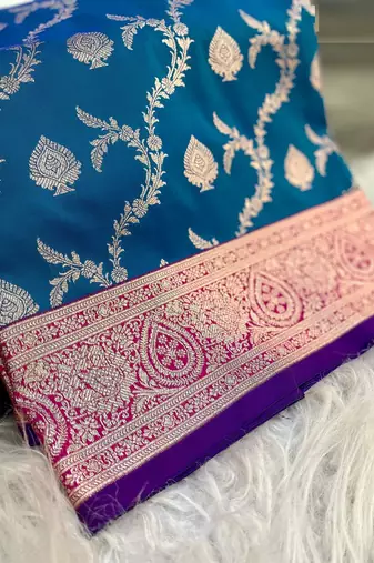 Turqoise Benarasi Semi Satin Silk Saree,Blouse-not As Per Image 