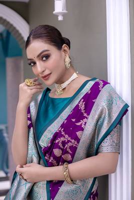 Purple Benarasi Semi Satin Silk Saree,Blouse-not As Per Image  2