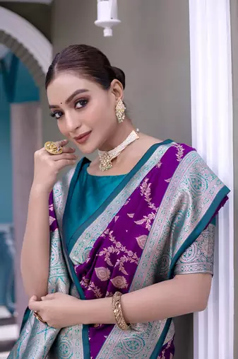 Purple Benarasi Semi Satin Silk Saree,Blouse-not As Per Image 