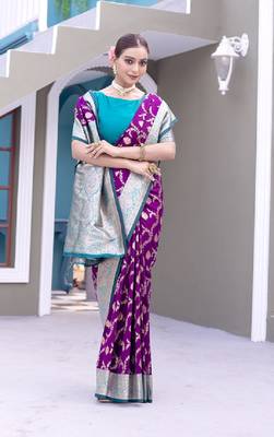 Purple Benarasi Semi Satin Silk Saree,Blouse-not As Per Image  1