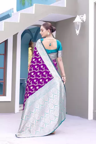 Purple Benarasi Semi Satin Silk Saree,Blouse-not As Per Image 