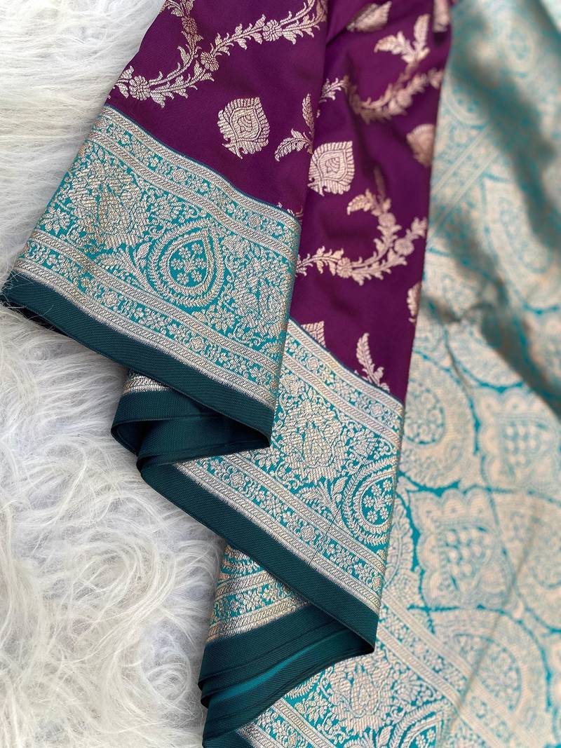 Purple Benarasi Semi Satin Silk Saree,Blouse-not As Per Image 