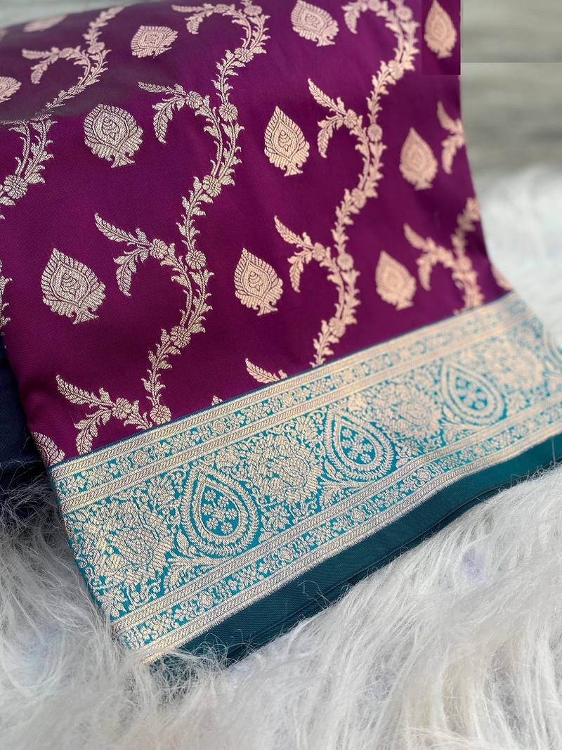 Purple Benarasi Semi Satin Silk Saree,Blouse-not As Per Image 