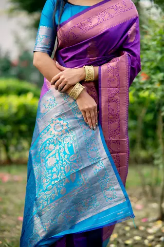 Purple Banarasi style silk Blend contrust zari Border & Pallu Threads work Saree with Blouse