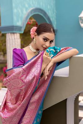 Teal Benarasi Semi Satin Silk Saree,Blouse-not As Per Image  2